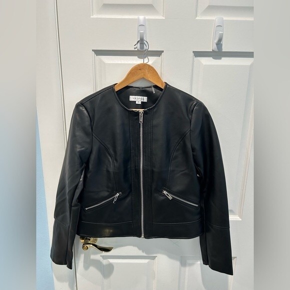 NEW VIA SPIGA Women Collarless Pleather Moto Jacket Black Size S or XL - Picture 3 of 12